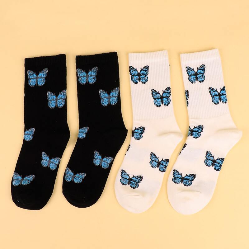 

2pairs Butterfly Print Socks, Multicolor