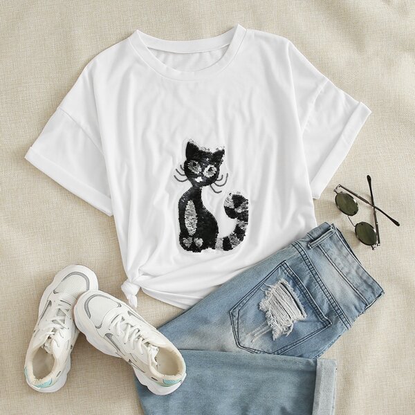 

Contrast Sequin Cartoon Cat Graphic Tee, White