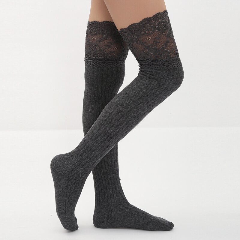 

Lace Trim Knee Socks, Grey