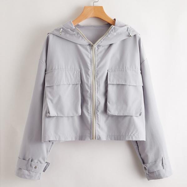 

Pocket Patched Zip Up Windbreaker Jacket, Light grey
