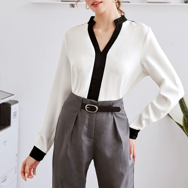 

Notched Neck Contrast Binding Blouse, White