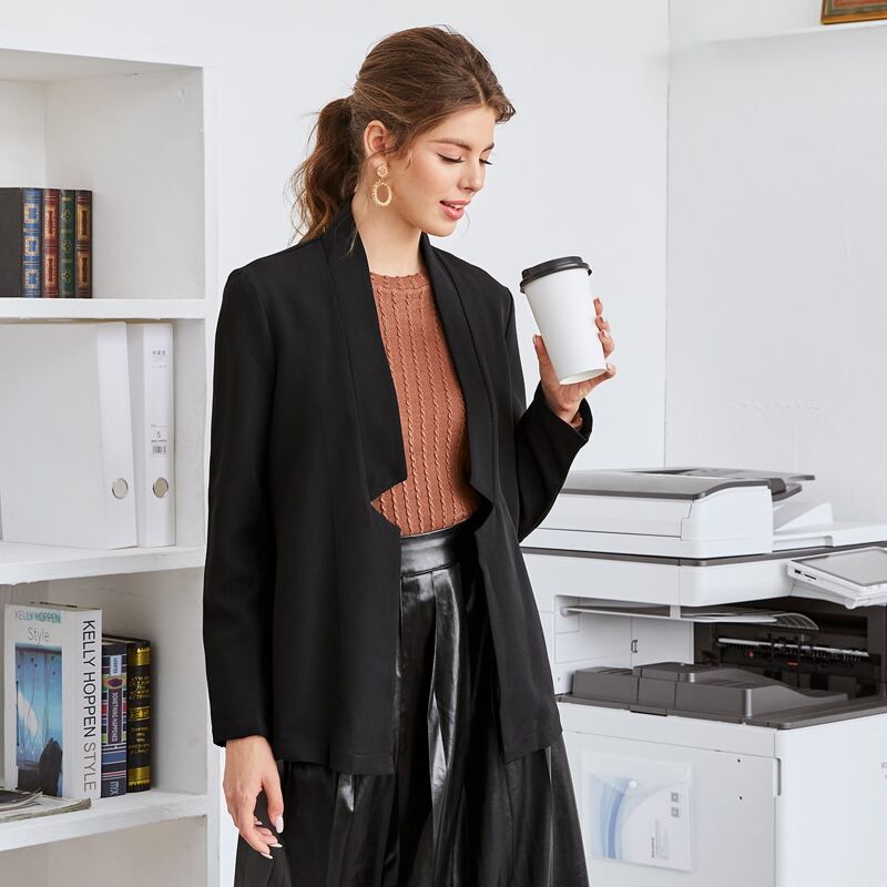 

Notched Neck Open Front Blazer, Black