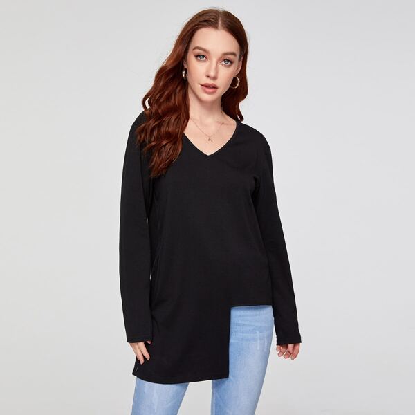 

V-neck Asymmetric Hem Tee, Black
