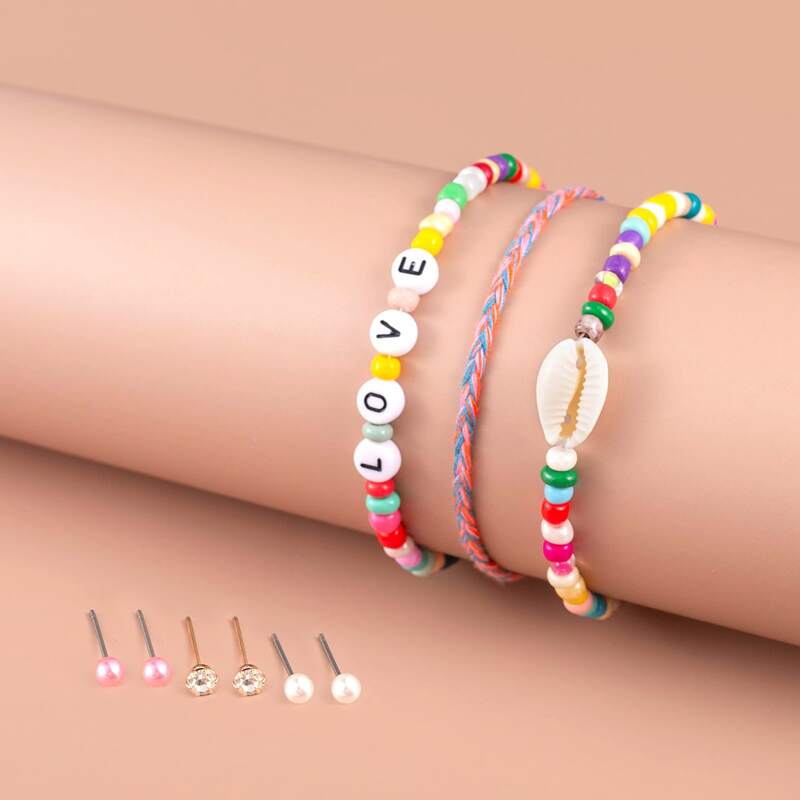 

3pcs Beaded Bracelet & 3pairs Stud Earrings, Multicolor