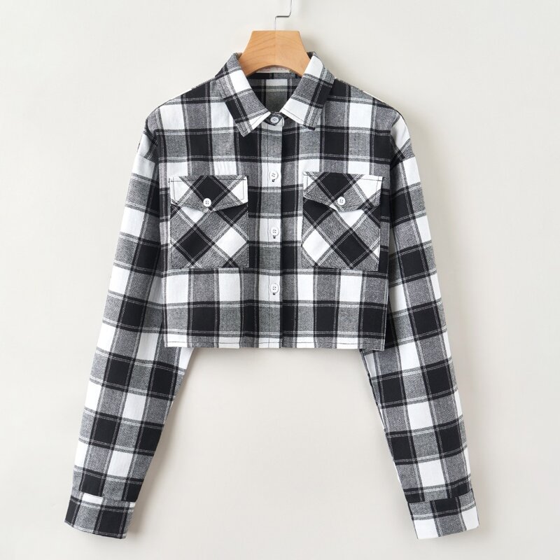 

Plaid Button Front Crop Blouse, Multicolor