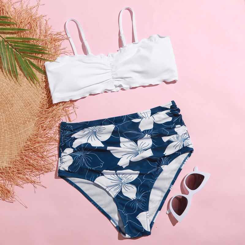 

Floral Lettuce Trim High Waist Bikini Swimsuit, Blue and white