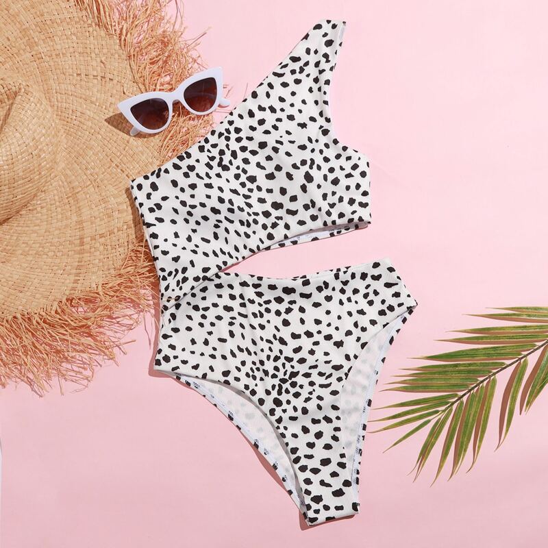 

Dalmatian One Shoulder Cut-out One Piece Swimsuit, Black and white