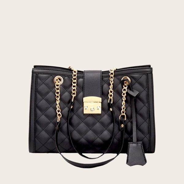 

Quilted Chain Tote Bag, Black