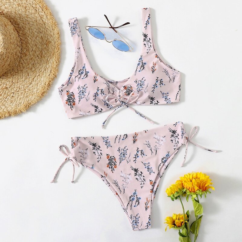 

Floral Drawstring High Waist Bikini Swimsuit, Multicolor
