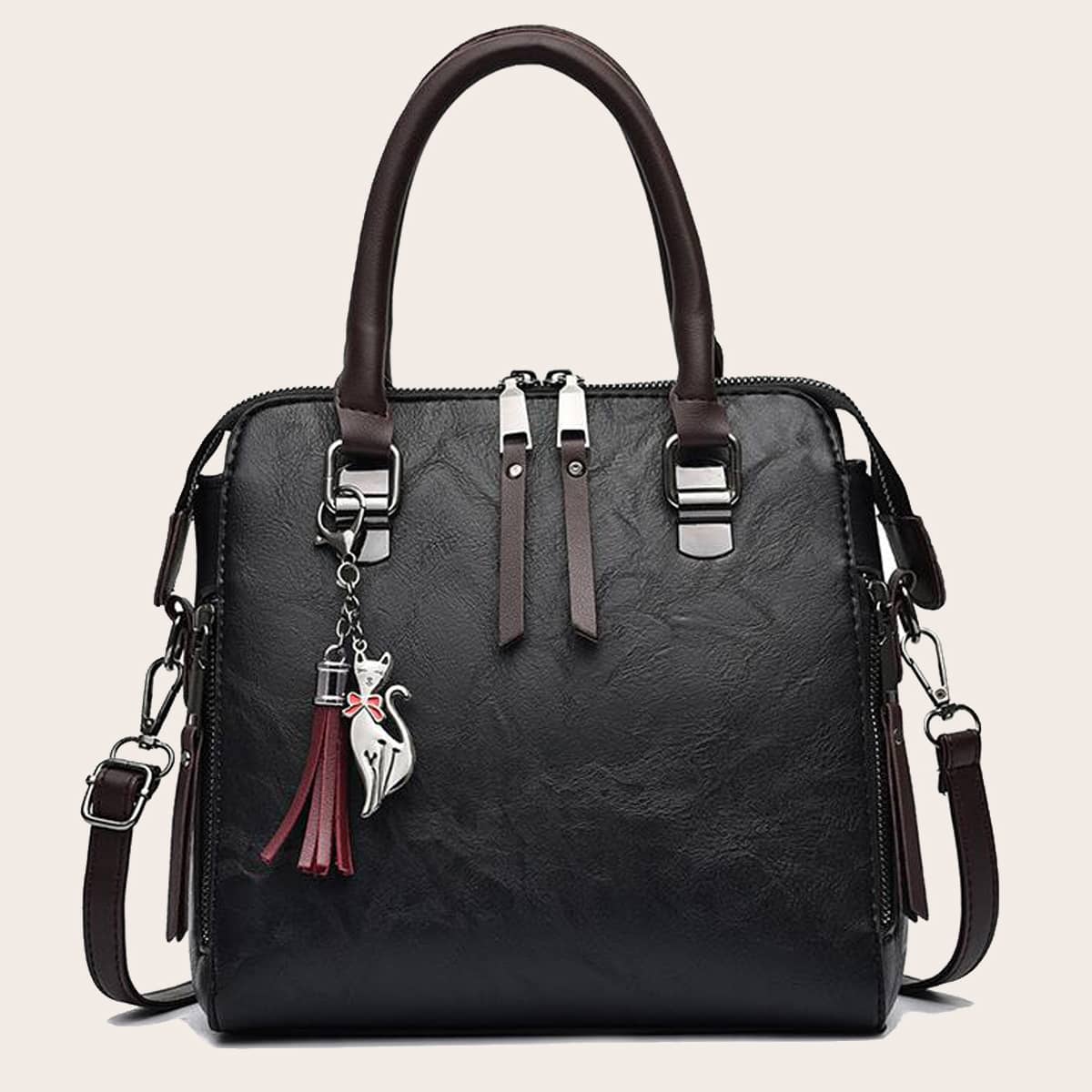 

Tassel Decor Satchel Bag, Black