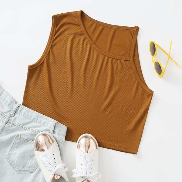 

Plus Asymmetrical Neck Rib-Knit Top, Brown