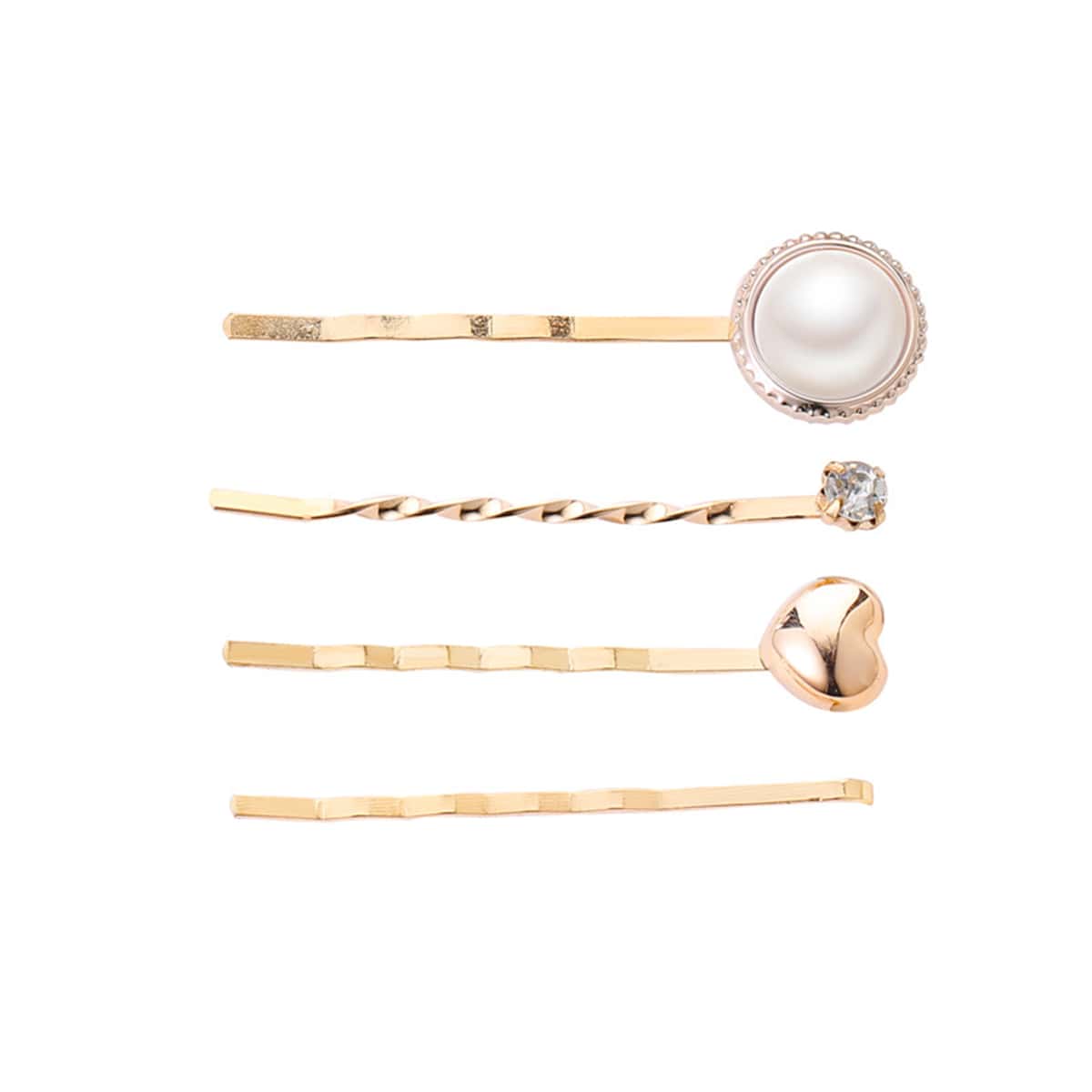

4pcs Faux Pearl & Heart Bobby Pin, Gold