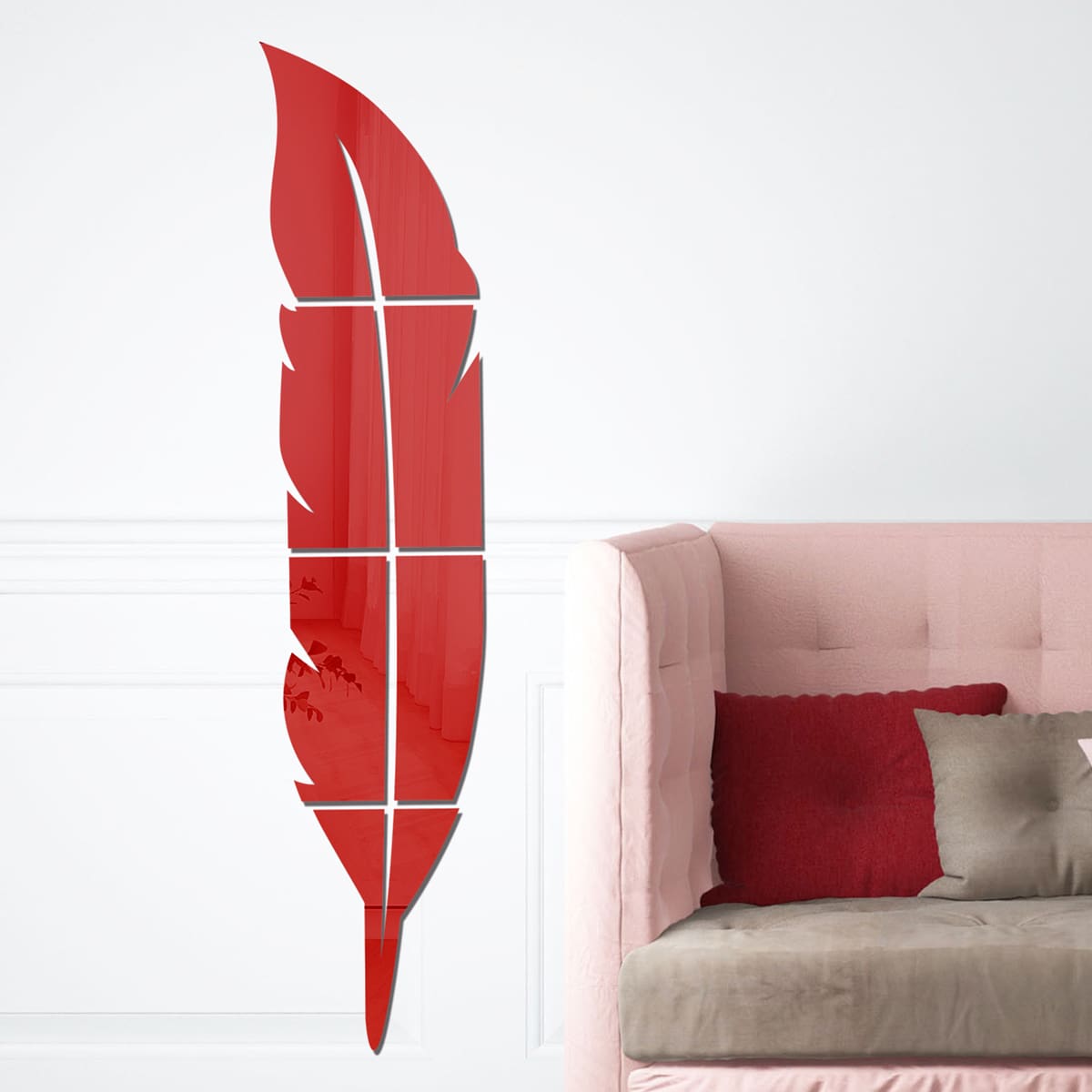 

1set Feather Mirror Surface Wall Sticker, Red
