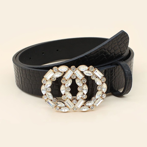 

Gemstone Decor Croc Embossed Belt, Black