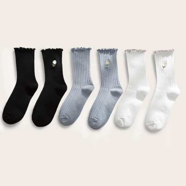 

3pairs Girls Floral Embroidered Socks, Multicolor