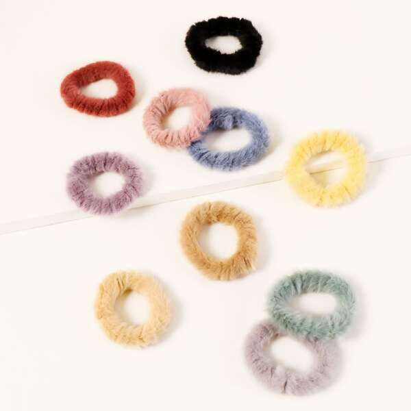 

10pcs Plain Fluffy Hair Tie, Multicolor