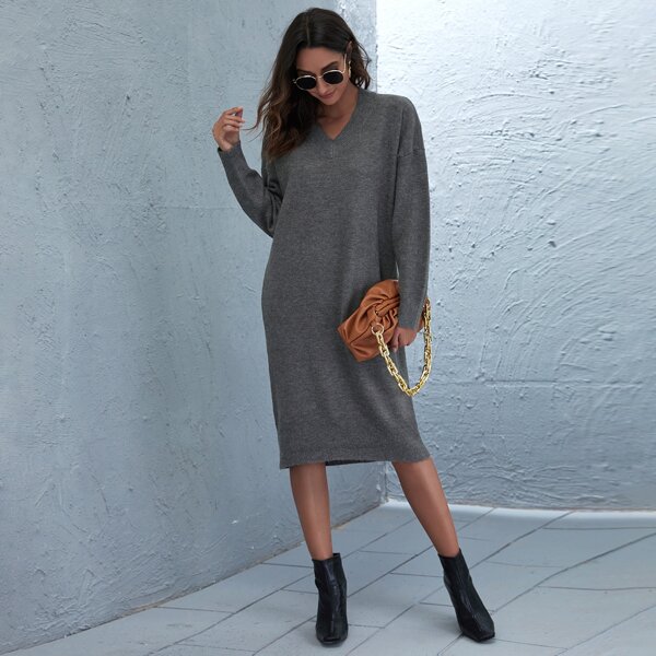 

V-neck Drop Shoulder Sweater Dress, Dark grey