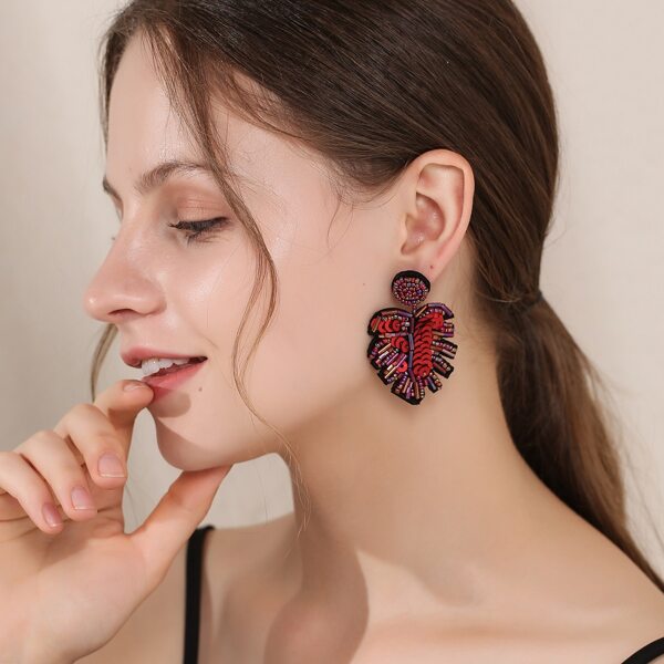 

Beaded Leaf Design Earrings, Red