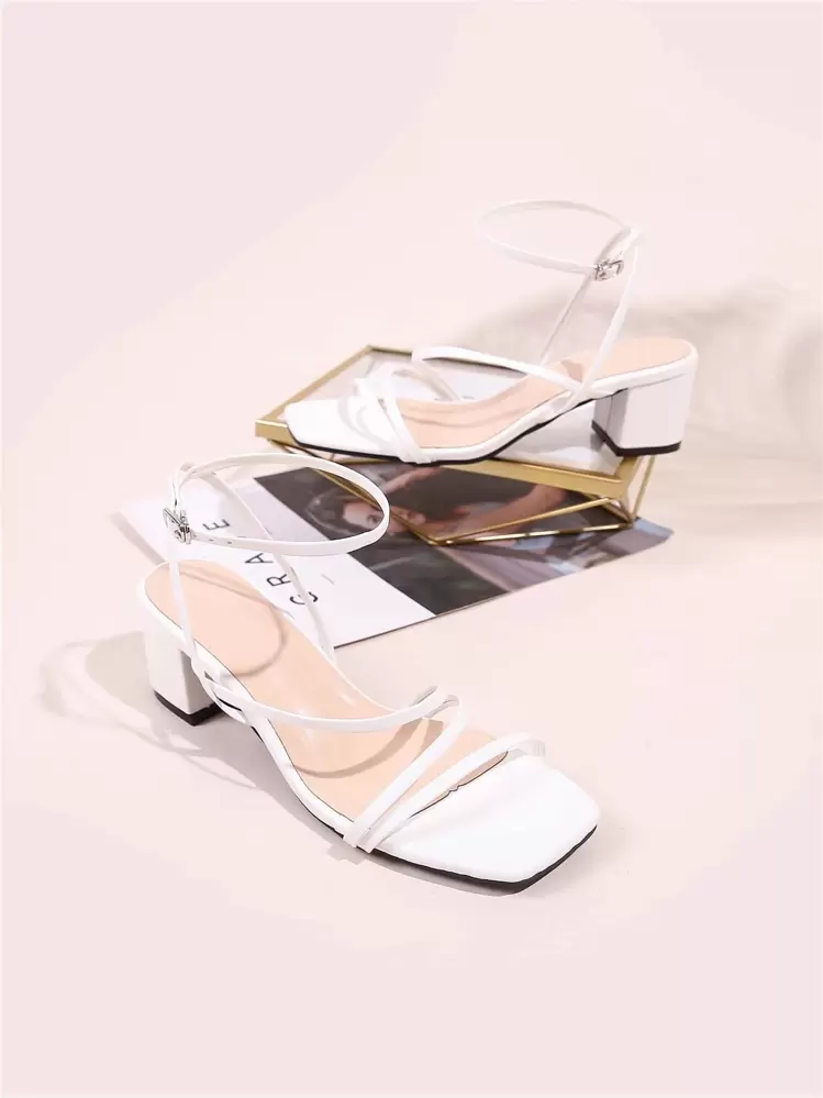 MINGDILIN Women Minimalist Chunky Heeled Ankle Strap Sandals, Elegant Summer Heeled Sandals - White - View 5