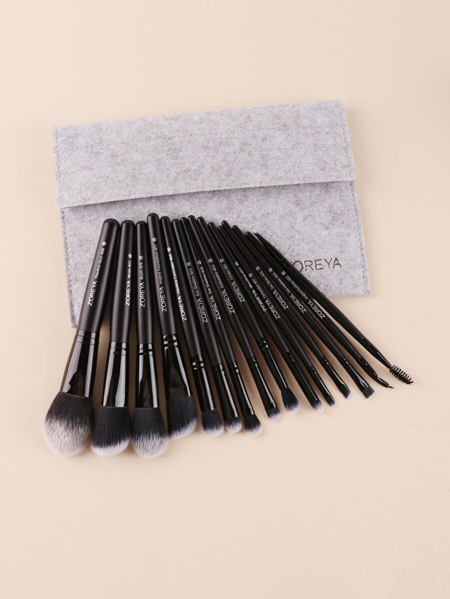 15pcs Makeup Brush With 1pc Storage Bag - Black - View 1