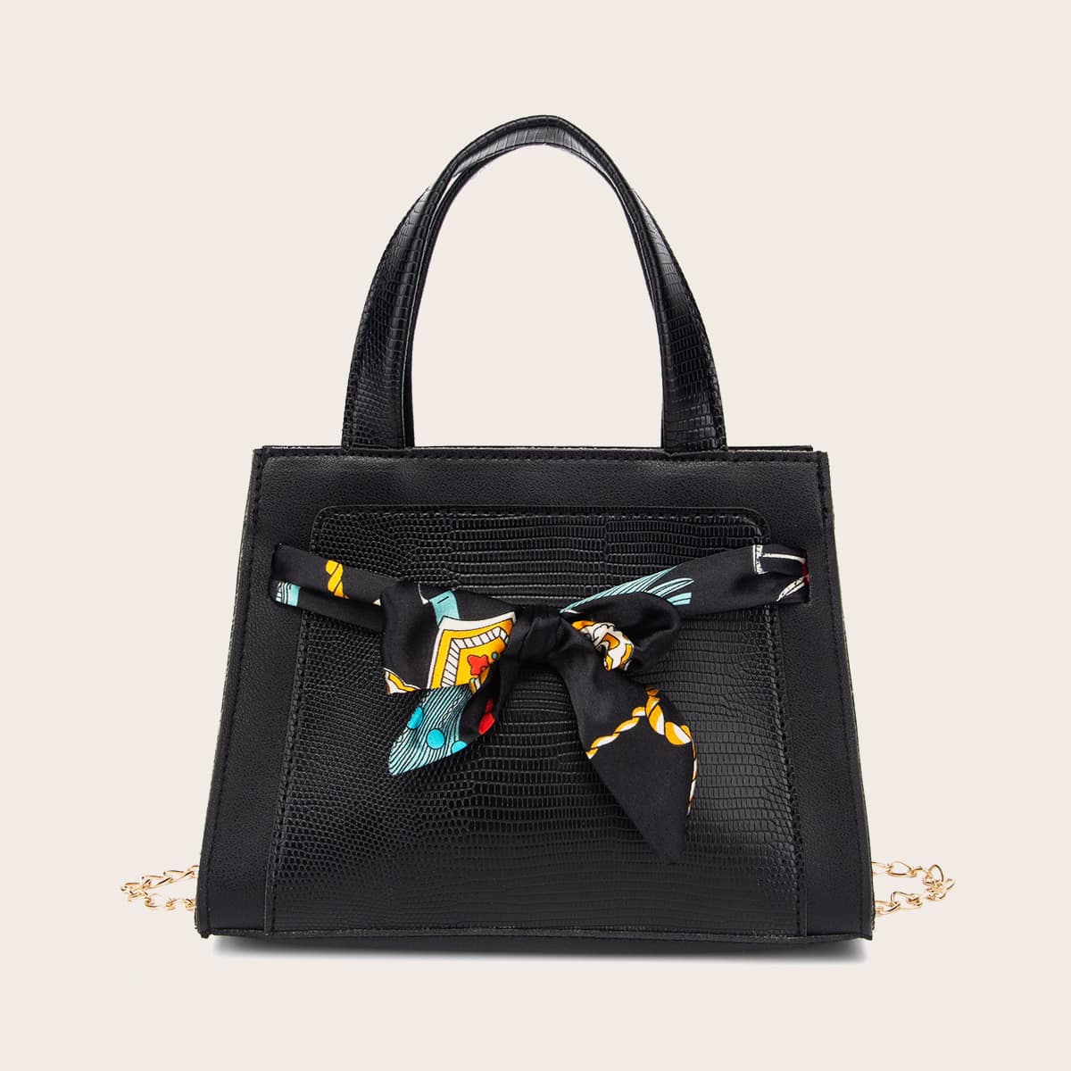 

Bow Decor Chain Satchel Bag, Black