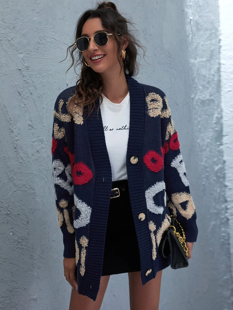 SHEIN LUNE Letter Graphic Drop Shoulder Oversized Cardigan - Multicolor - View 1