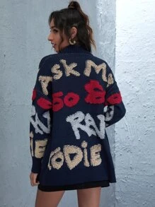 SHEIN LUNE Letter Graphic Drop Shoulder Oversized Cardigan - Multicolor - View 2