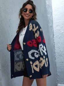 SHEIN LUNE Letter Graphic Drop Shoulder Oversized Cardigan - Multicolor - View 3