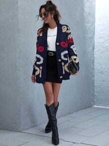 SHEIN LUNE Letter Graphic Drop Shoulder Oversized Cardigan - Multicolor - View 5