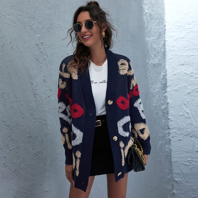 

Letter Graphic Drop Shoulder Oversized Cardigan, Multicolor