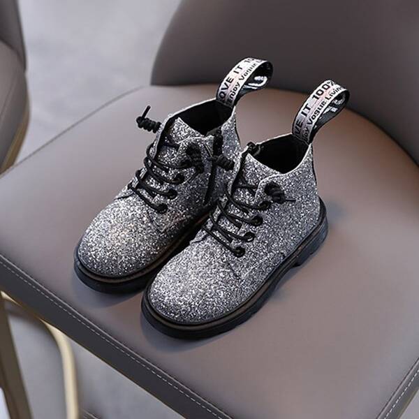 

Girls Glitter Combat Boots, Silver