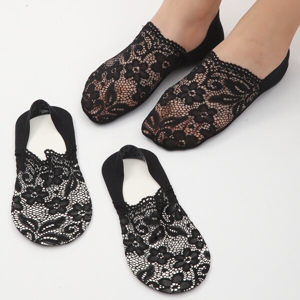 

3pairs Lace Flower Pattern Socks, Black