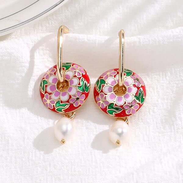 

Faux Pearl Decor Flower Pattern Drop Earrings, Multicolor
