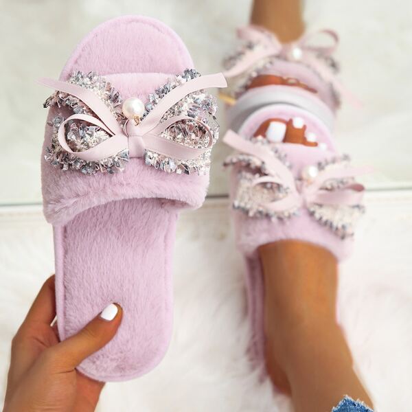 

Faux Pearl & Bow Decor Fluffy Slippers, Mauve purple