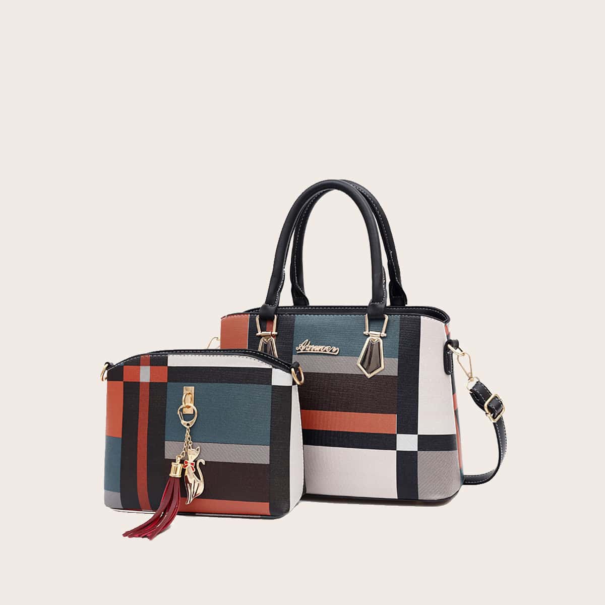 

Colorblock Satchel Bag With Wristlet Bag, Multicolor