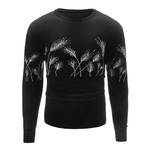 

Men Plants Pattern Round Neck Sweater, Black