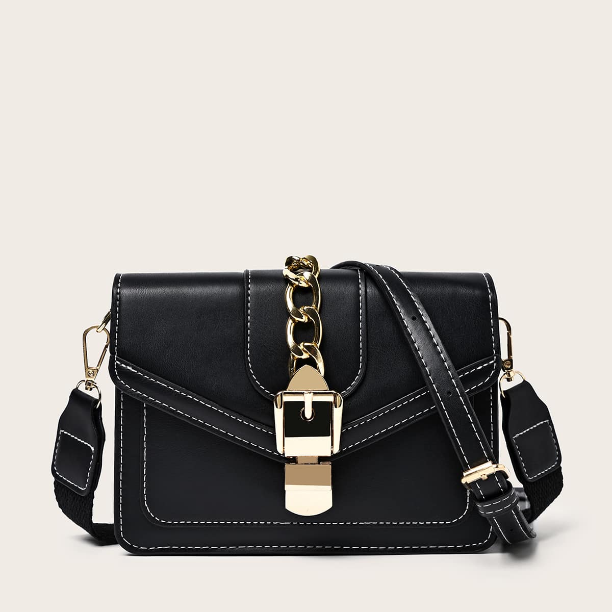 

Chain Decor Flap Crossbody Bag, Black