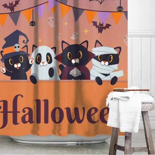 

Halloween Cat Print Shower Curtain With 12hooks, Multicolor
