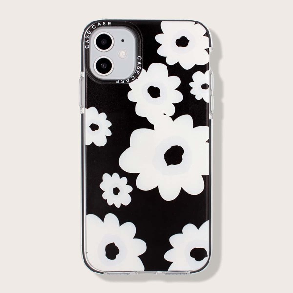 

1pc Flower Print iPhone Case, Black and white
