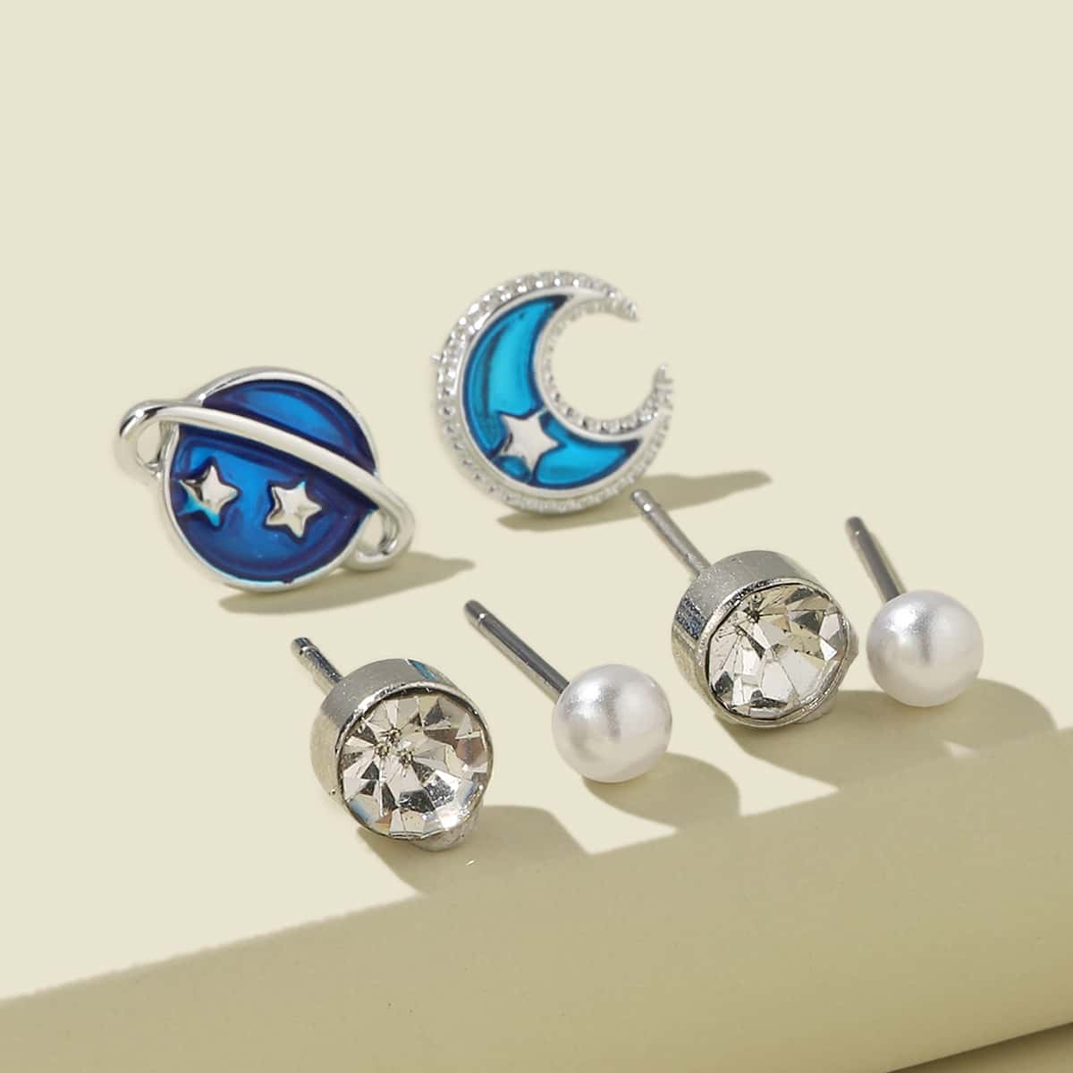 

3pairs Faux Pearl & Rhinestone Decor Stud Earrings, Blue