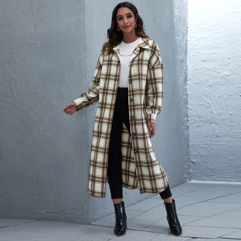 

Single Breasted Curved Hem Plaid Overcoat, Multicolor