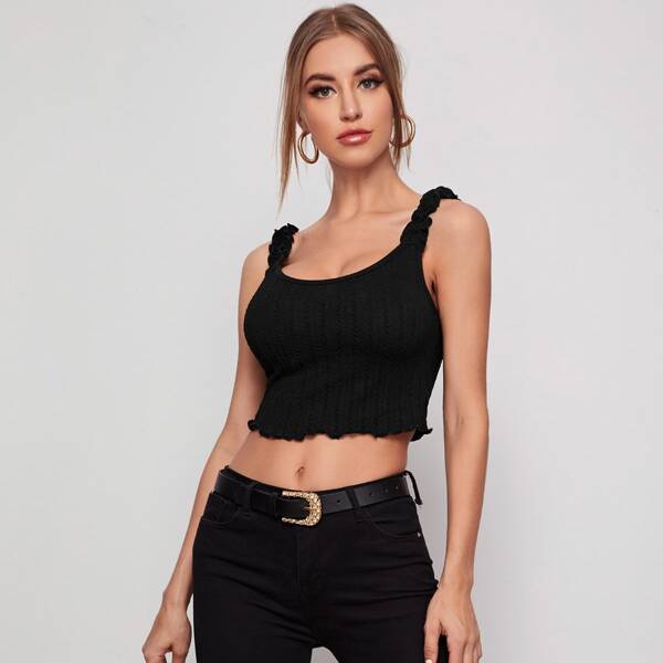 

Frill Strap Lettuce Hem Crop Top, Black