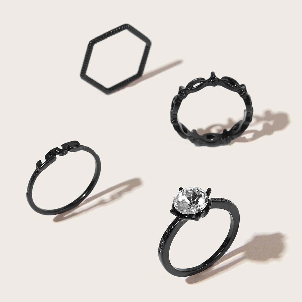 

4pcs Rhinestone Geo Ring, Black