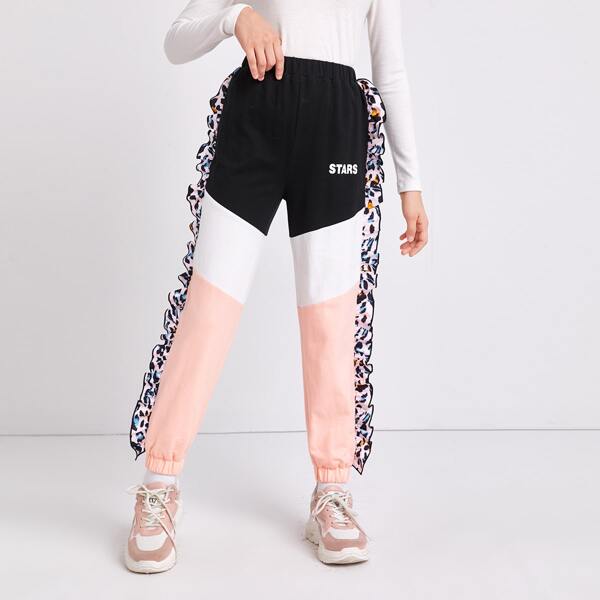 

Girls Leopard Ruffle Detail Colorblock Joggers, Multicolor