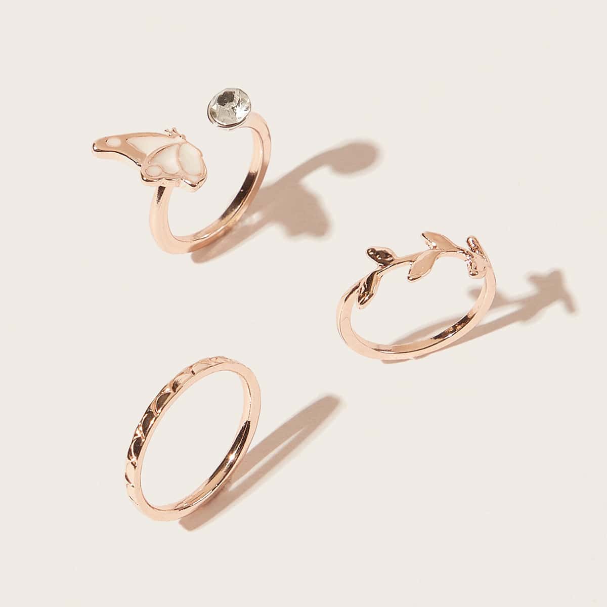 

3pcs Butterfly & Leaf Ring, Gold