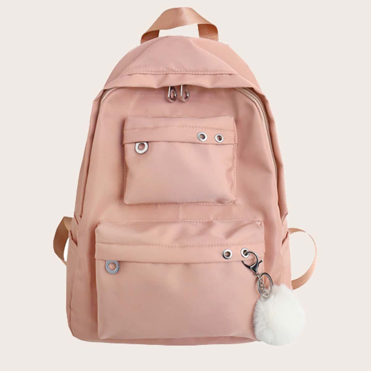 

Pocket Front Pom Pom Decor Backpack, Pink