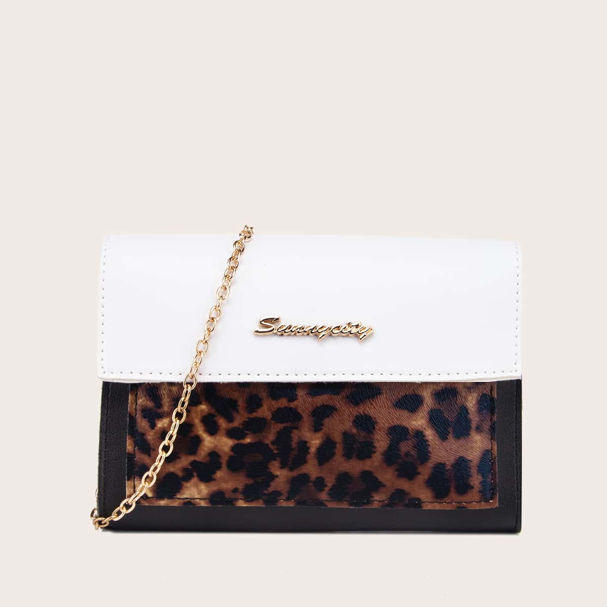 

Leopard Print Chain Crossbody Bag, Black