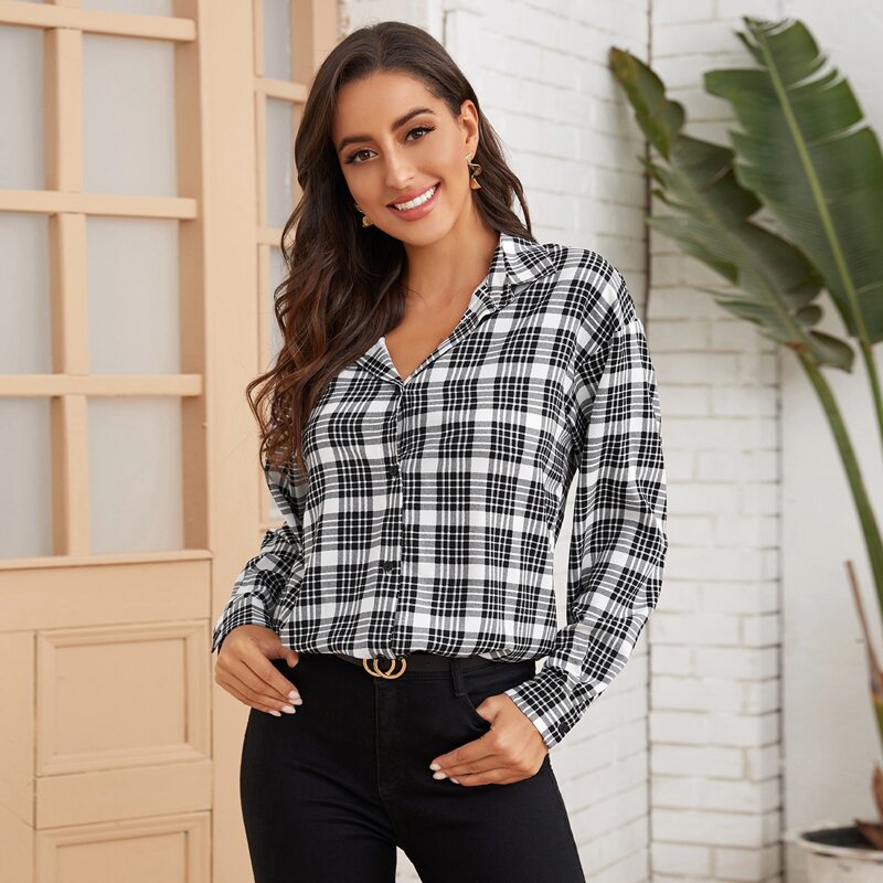 

Plaid Print Button Front Drop Shoulder Blouse, Multicolor