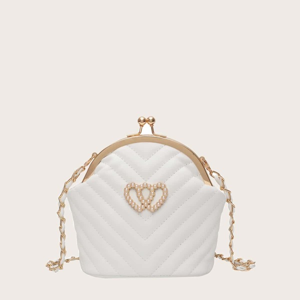 

Faux Pearl Decor Kiss Lock Crossbody Bag, White