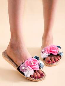 Flower Appliques Slippers - Pink - View 5
